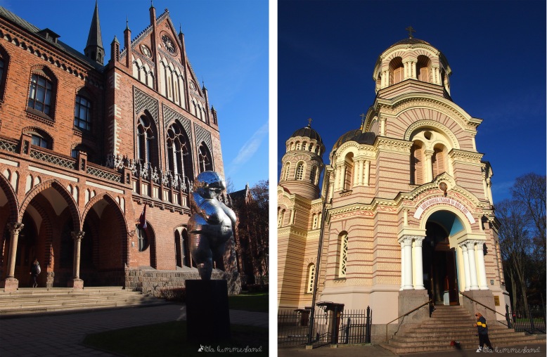 links: Das Nationalmuseum in Riga | rechts: die russisch-orthodoxe Geburtskathedrale in Riga