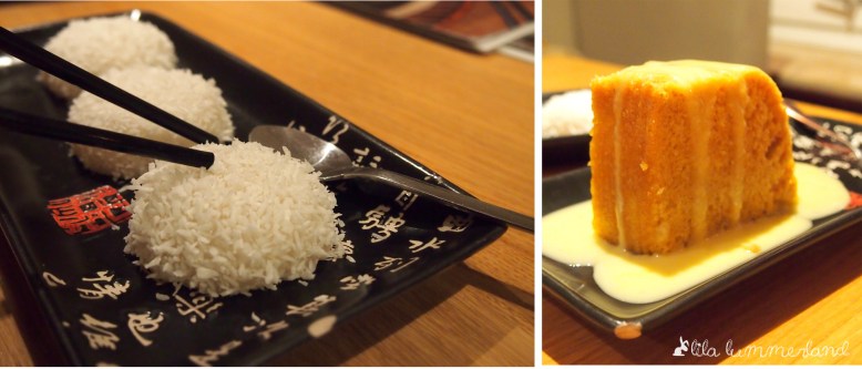 links: Klebreiskuchen mit Vanille | rechts: chinesischer Eierdampfkuchen mit Vanillesauce