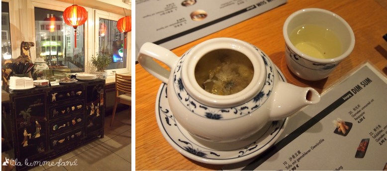 links: Einrichtung | rechts: Chrysanthemen-Tee mit Blüten