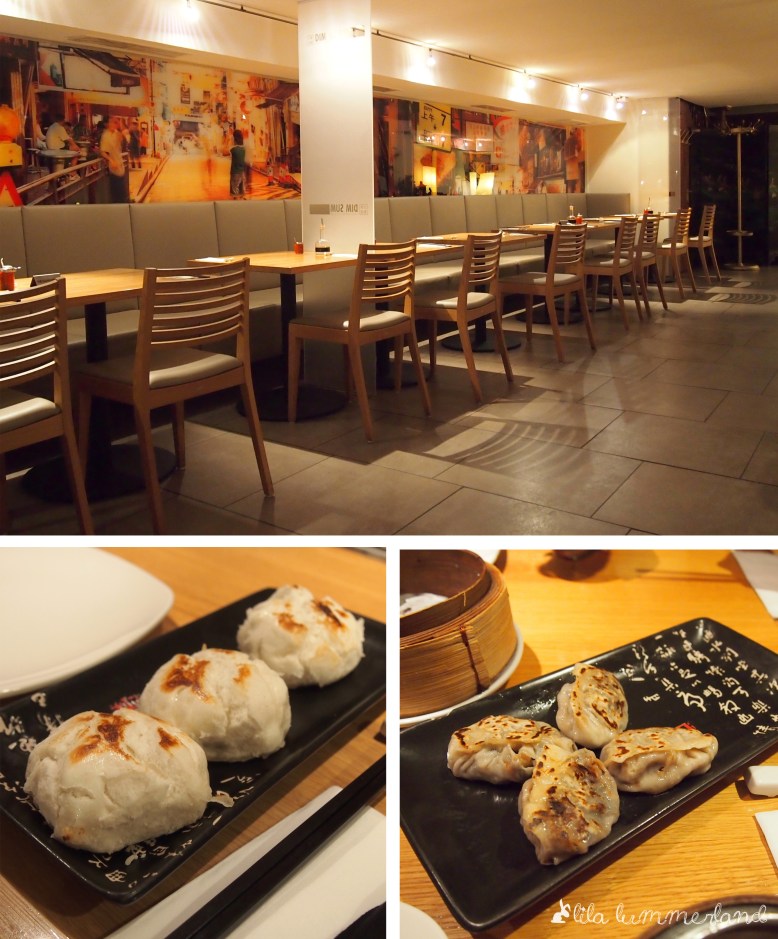 oben: Einrichtung | unten links: Dampfnudeln mit Fleich- und Gemüsefüllung | rechs unten: gebratene vegetarische Teigtaschen